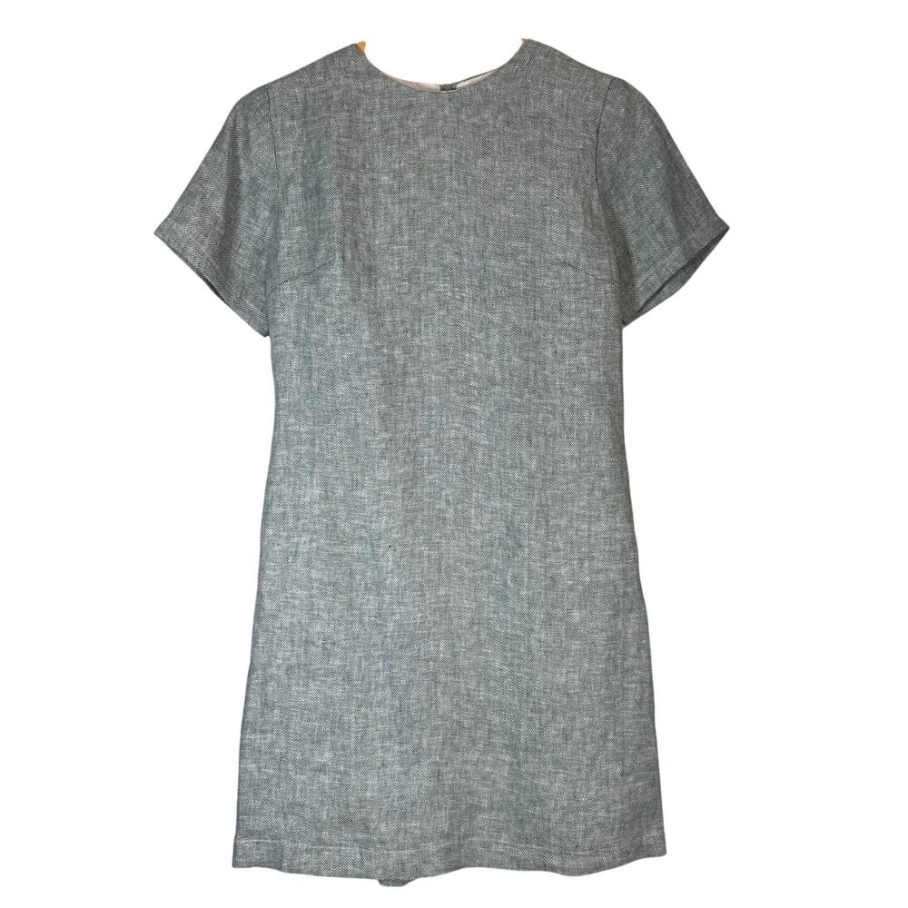100% Linen Short Sleeve Shift Dress Small Blue Gray Minimalist Classic Office